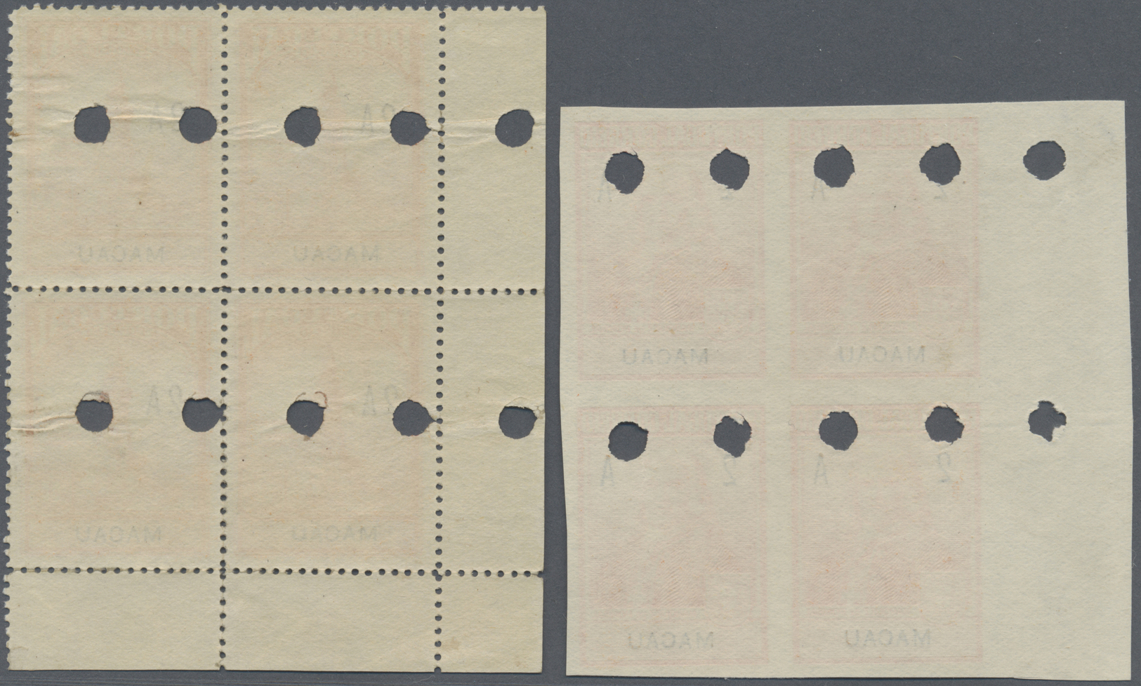 (*) Macau: 1938 (ca.) Nine Different Essays Of An Unscheduled Overprinted "2 A" Issue, All In Imperforated Blocks Of Fou - Autres & Non Classés