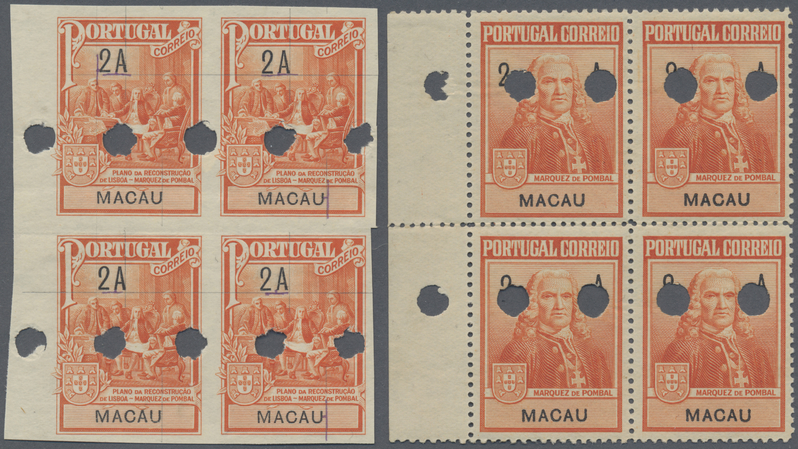 (*) Macau: 1938 (ca.) Nine Different Essays Of An Unscheduled Overprinted "2 A" Issue, All In Imperforated Blocks Of Fou - Autres & Non Classés