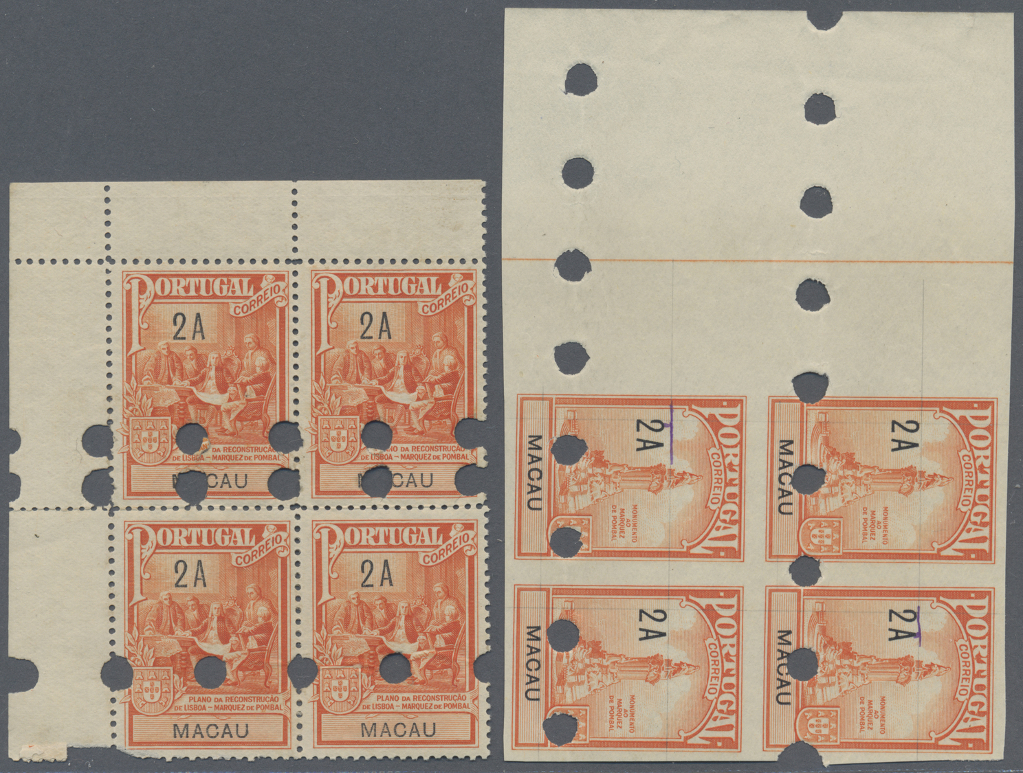 (*) Macau: 1938 (ca.) Nine Different Essays Of An Unscheduled Overprinted "2 A" Issue, All In Imperforated Blocks Of Fou - Other & Unclassified