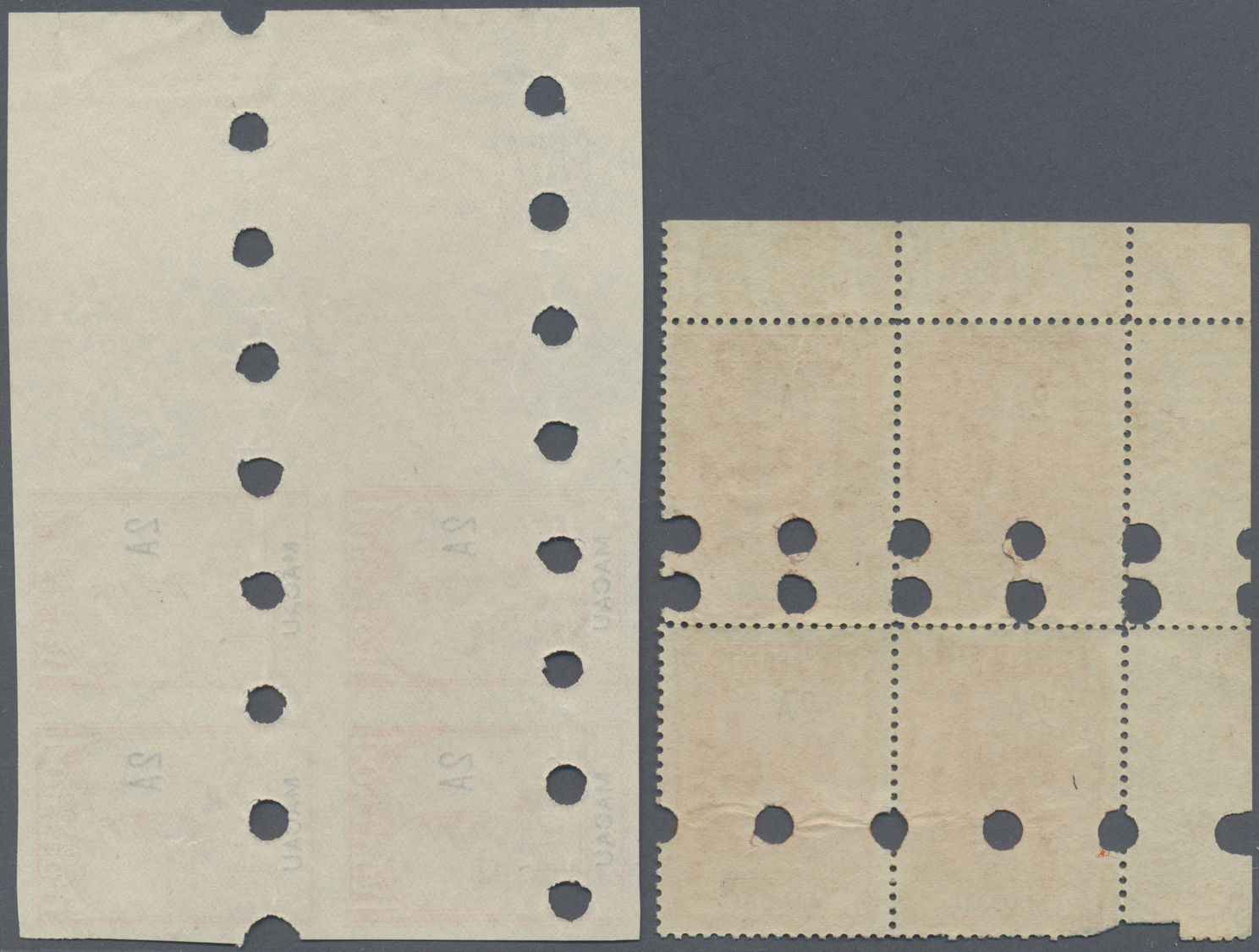 (*) Macau: 1938 (ca.) Nine different Essays of an unscheduled overprinted "2 A" issue, all in imperforated blocks of fou