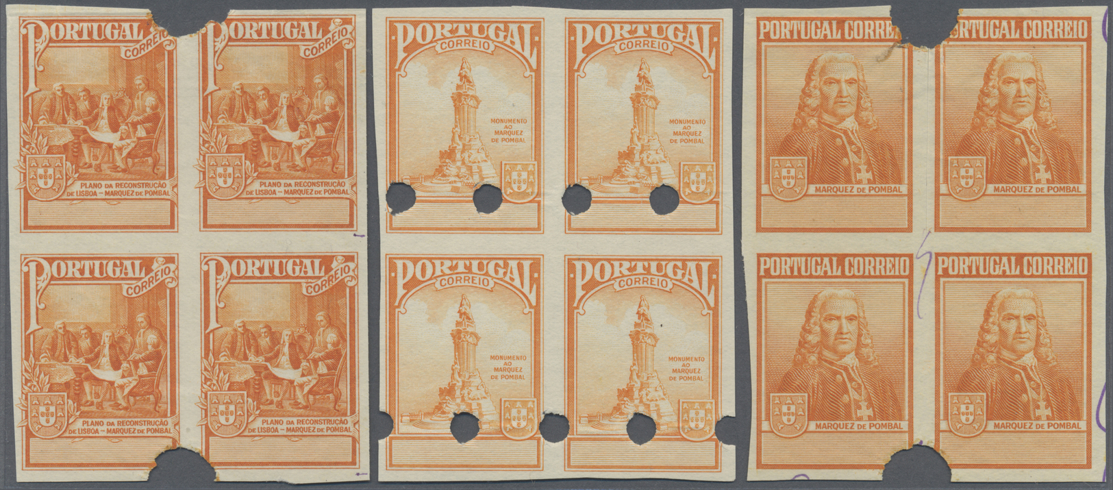 (*) Macau: 1938 (ca.) Nine different Essays of an unscheduled overprinted "2 A" issue, all in imperforated blocks of fou