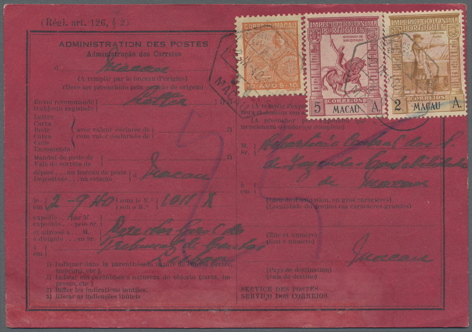 Br Macau: 1940, 2 A., 5 A. And 1934 10 A. Tied "MACAU 2.IX.40" To Deep Red Return Receipt (AR) Card For A Letter To Lisb - Autres & Non Classés