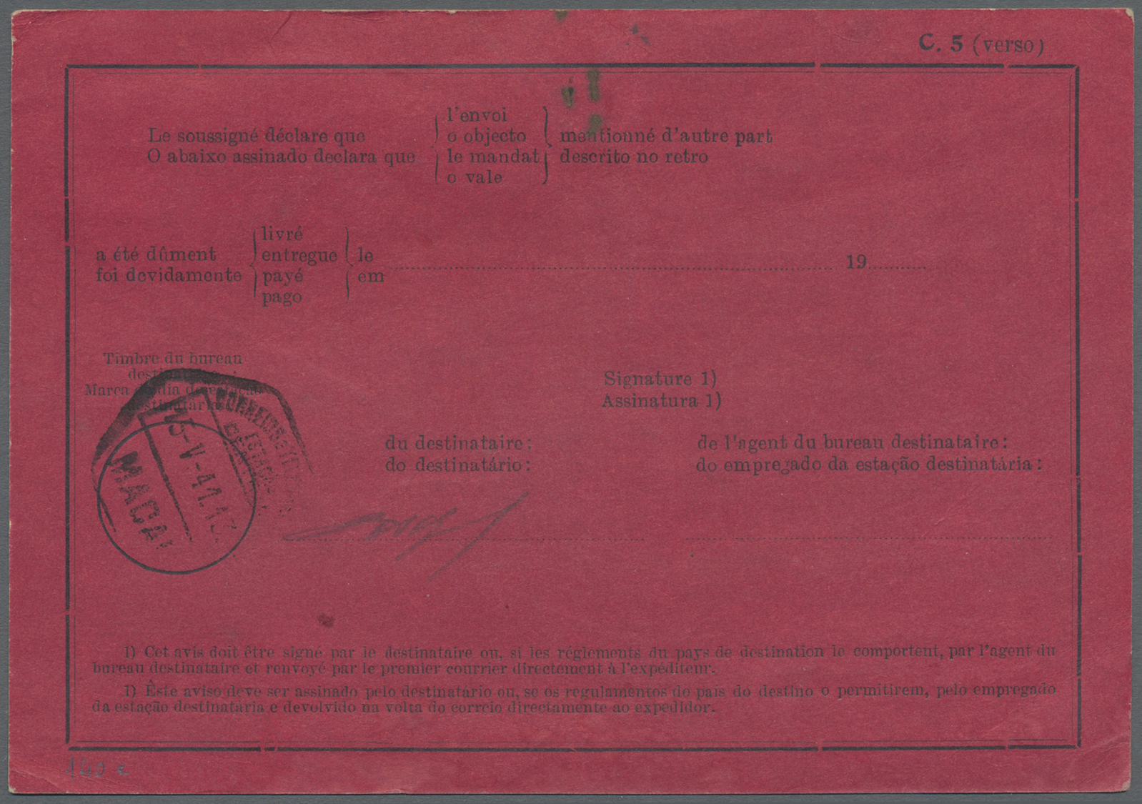Br Macau: 1940, 2 A., 5 A. And 1934 10 A. Tied "MACAU 2.IX.40" To Deep Red Return Receipt (AR) Card For A Letter To Lisb - Autres & Non Classés