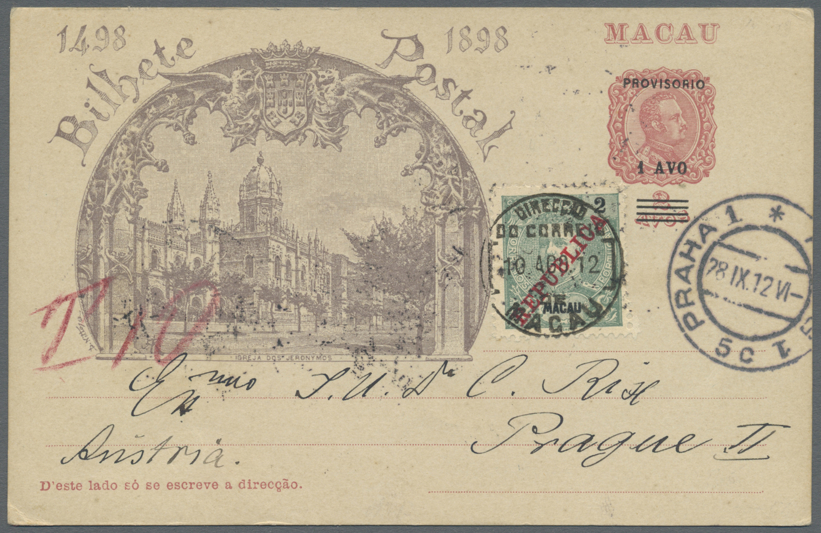 GA Macau - Ganzsachen: 1898, Jubilee Card Ovpt. Provisorio 1 Avo Uprated Republica 2 A. Canc. "MACAU 10 AGO 12" To Pragu - Postal Stationery