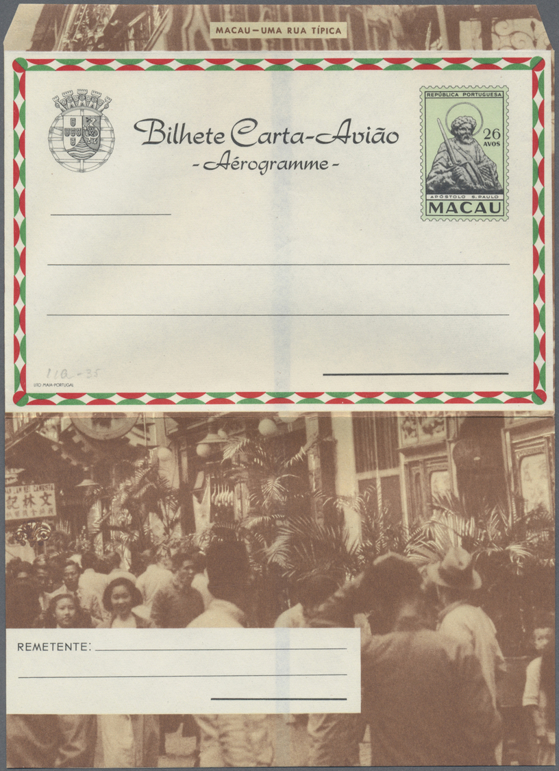 GA Macau - Ganzsachen: 1965 (ca.) Air Letter 20 Av., "opium" Characters Not Ovpt.,  Unused Mint; Same, But Characters Ov - Postal Stationery