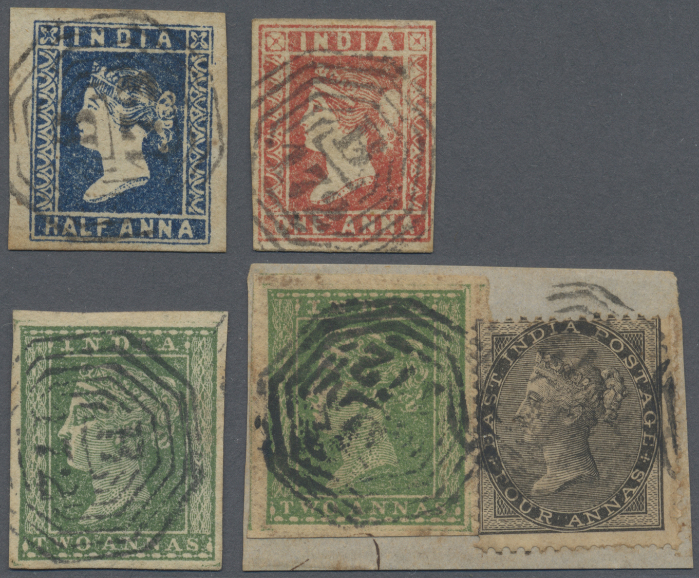 O/ Malaiische Staaten - Straits Settlements: 1854-56 India Used In Singapore: Five Stamps Cancelled "B/172", With Lithog - Straits Settlements