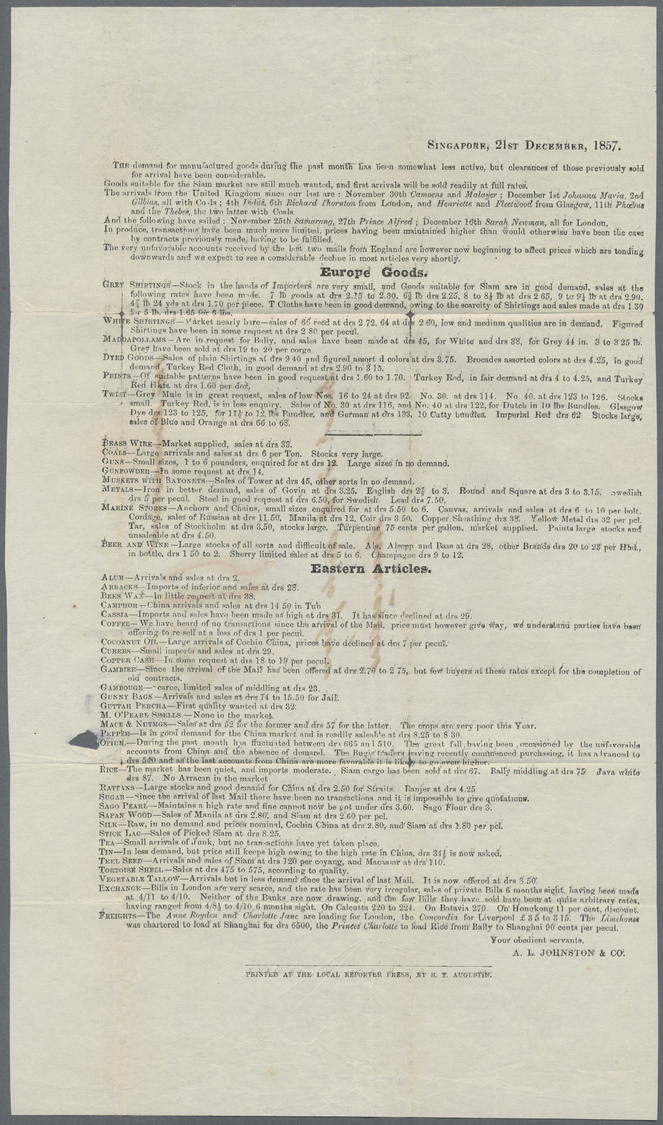 Br Malaiische Staaten - Straits Settlements: 1857. Stampless Printed Circular Written From Singapore Dated '21st Dec 185 - Straits Settlements