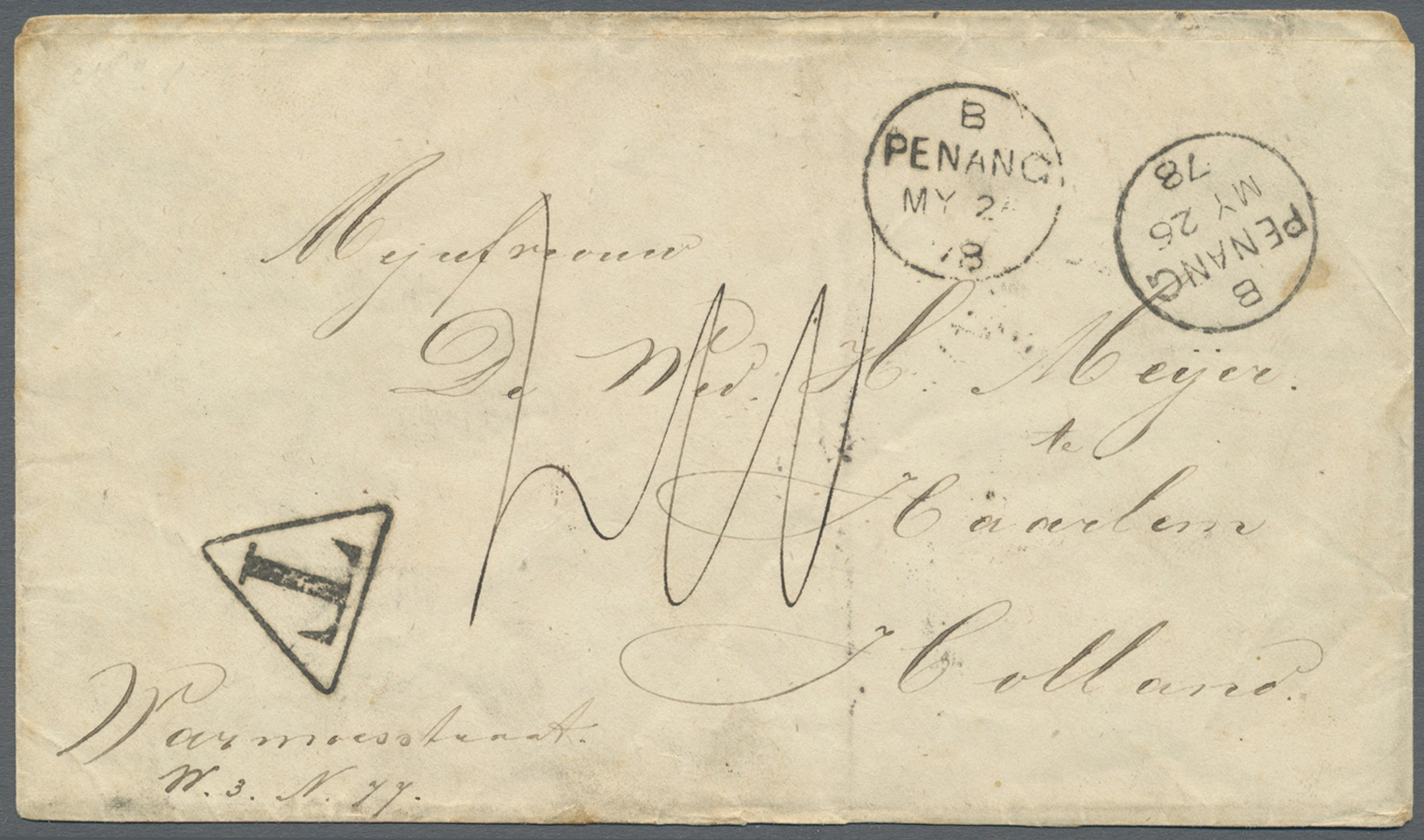 Br Malaiische Staaten - Straits Settlements: 1878: Penang 1878 Unpaid Cover To Harlem, Netherlands, Showing 2 Strikes Of - Straits Settlements