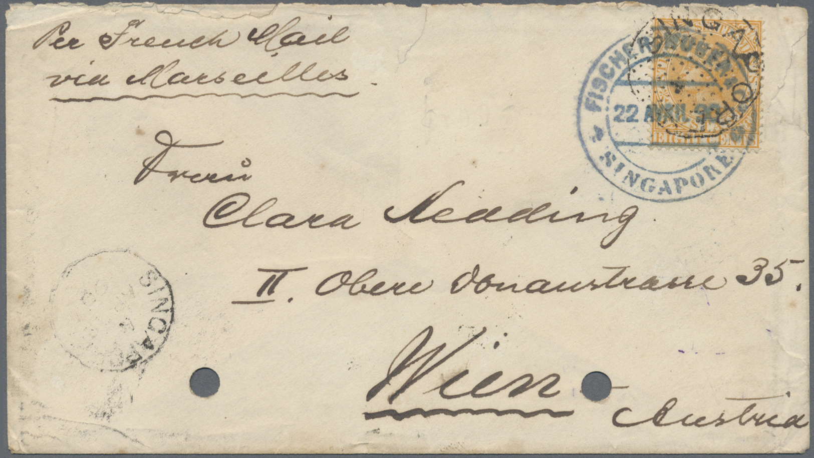 Br Malaiische Staaten - Straits Settlements: 1882, 8 C Orange On Envelope (filing Holes On Bottom) Sent With Cds "SINGAP - Straits Settlements