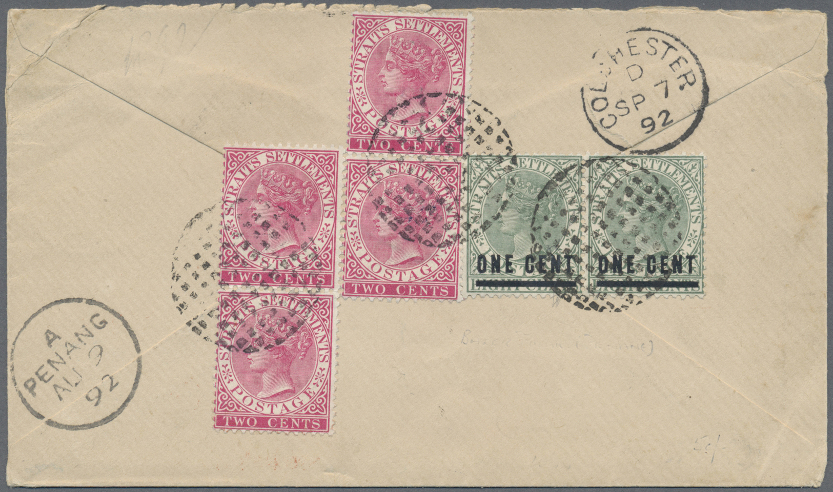 Br Malaiische Staaten - Straits Settlements: 1892, 2 C. Brick Rose, Two Vertical Pairs And Horizontal Pair 1 C. On 8 C. - Straits Settlements