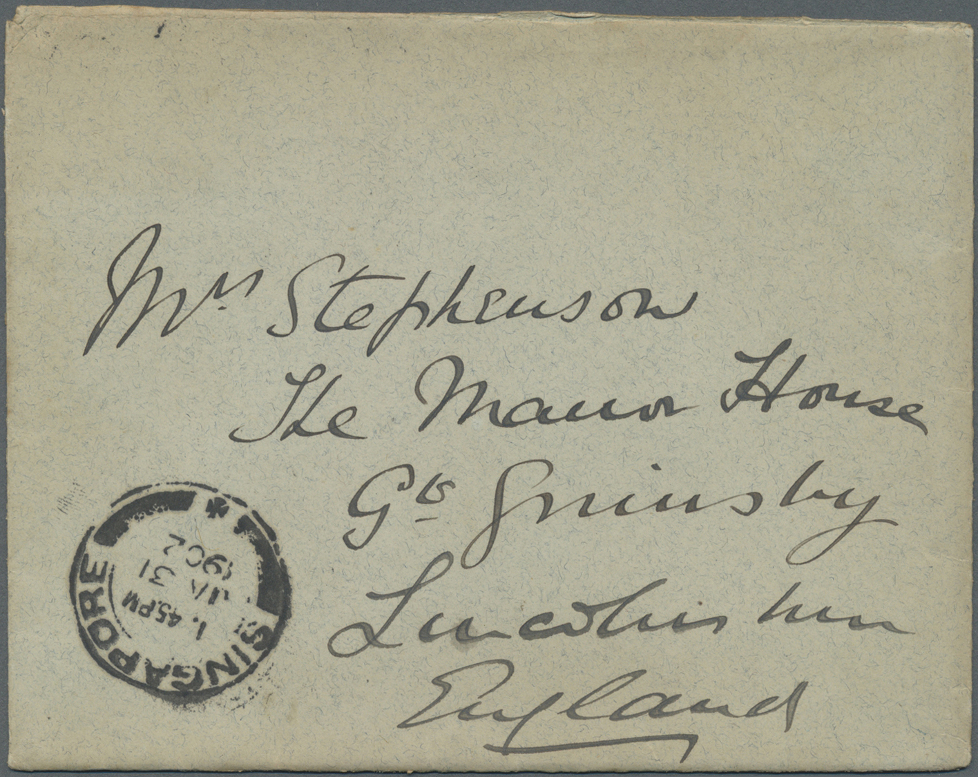 Br Malaiische Staaten - Straits Settlements: 1902. Envelope Addressed To Grimsby Bearing Straits SG 95, 1c Green (block - Straits Settlements