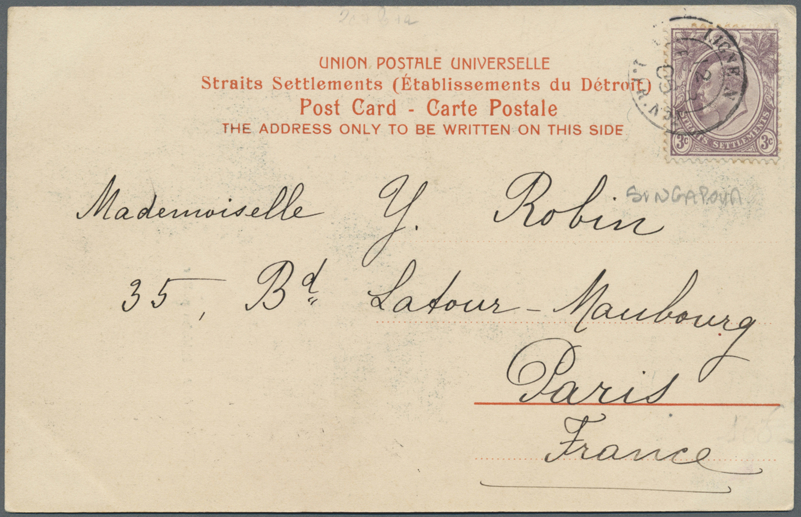 Br Malaiische Staaten - Straits Settlements: 1905. Picture Post Card To France Bearing SG 128, 3c Purple Tied By French - Straits Settlements