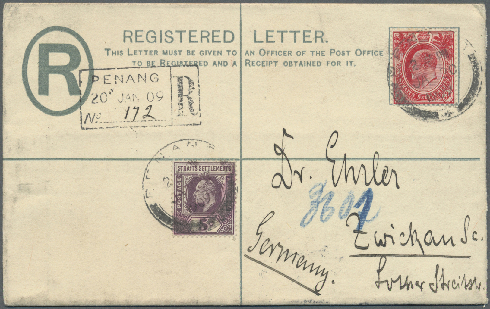 GA Malaiische Staaten - Straits Settlements: 1909, Registration Envelope KEVII 10 C. Uprated KEVII Total 8 C. (two Diffe - Straits Settlements