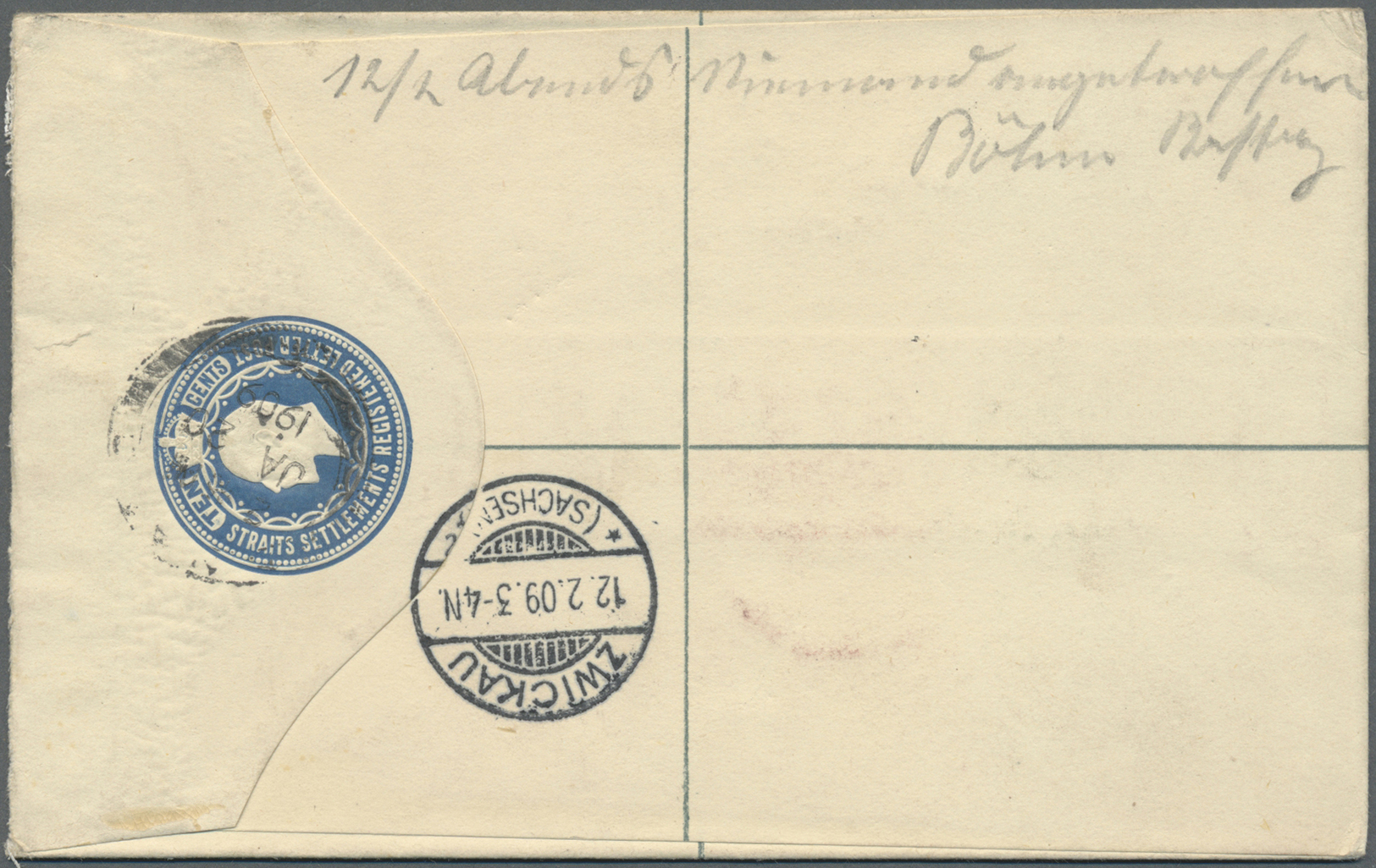 GA Malaiische Staaten - Straits Settlements: 1909, Registration Envelope KEVII 10 C. Uprated KEVII Total 8 C. (two Diffe - Straits Settlements