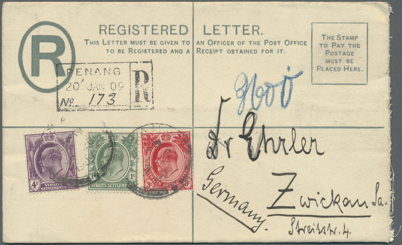 GA Malaiische Staaten - Straits Settlements: 1909, Registration Envelope KEVII 10 C. Uprated KEVII Total 8 C. (two Diffe - Straits Settlements