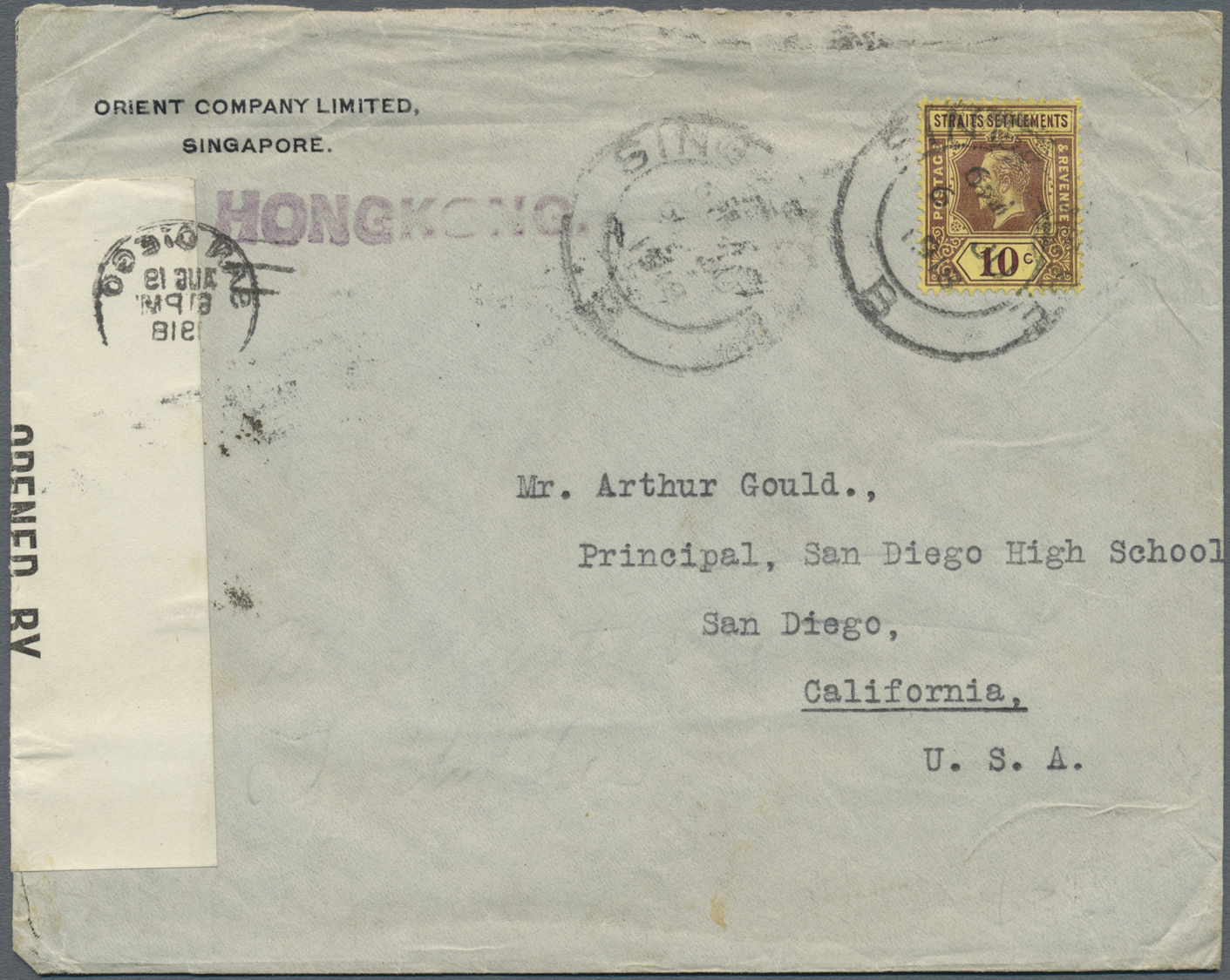 Br Malaiische Staaten - Straits Settlements: 1918. Censored Envelope Addressed To The United States Bearing SG 202,10c P - Straits Settlements