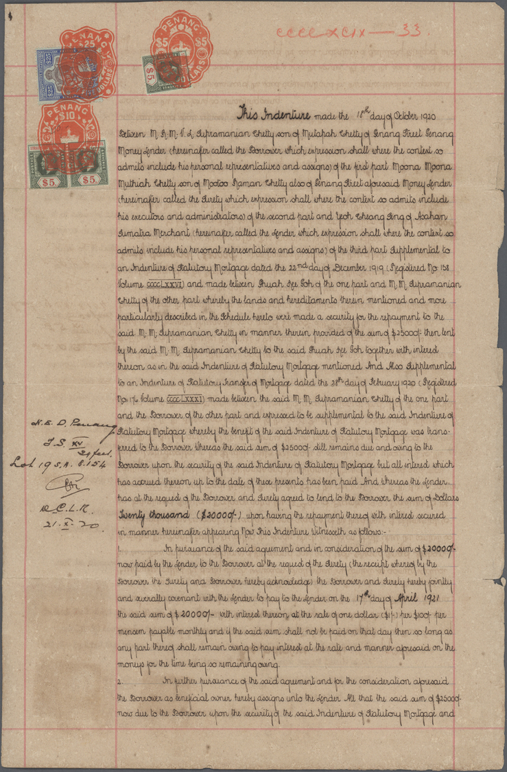 Br Malaiische Staaten - Straits Settlements: 1920/1922 (ca.), Three Fiscal Documents Form PENANG Bearing Different KGV S - Straits Settlements