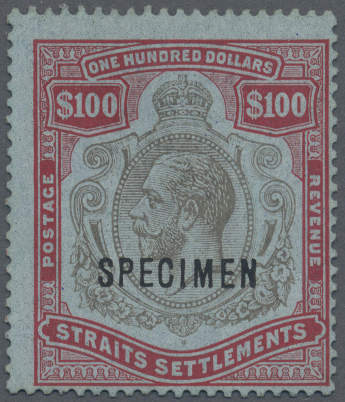 Malaiische Staaten - Straits Settlements: 1921/23, KGV $100 Ovpt. "SPECIMEN", With Gum And Slight Races Of Mounting, LH - Straits Settlements