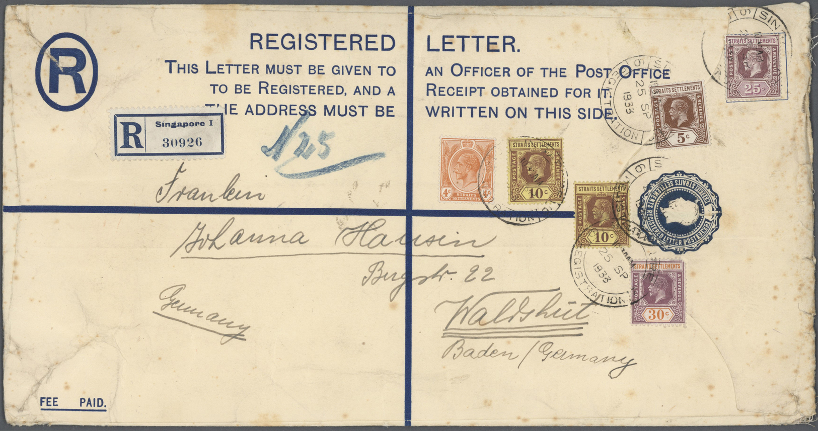 GA Malaiische Staaten - Straits Settlements: 1922, Large Postal Stationery Registered Cover (size 29x 15 Cm) 50 C. With - Straits Settlements