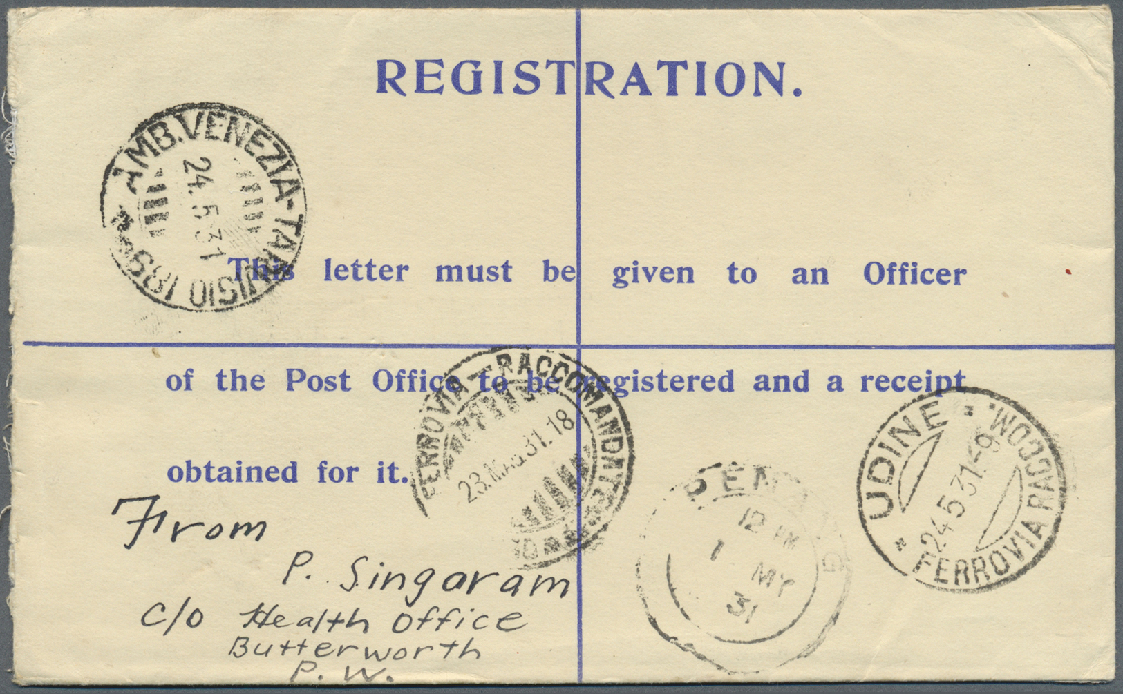 GA Malaiische Staaten - Straits Settlements: 1931. Registered Straits Settlements Postal Stationery Envelope 15c Indigo - Straits Settlements