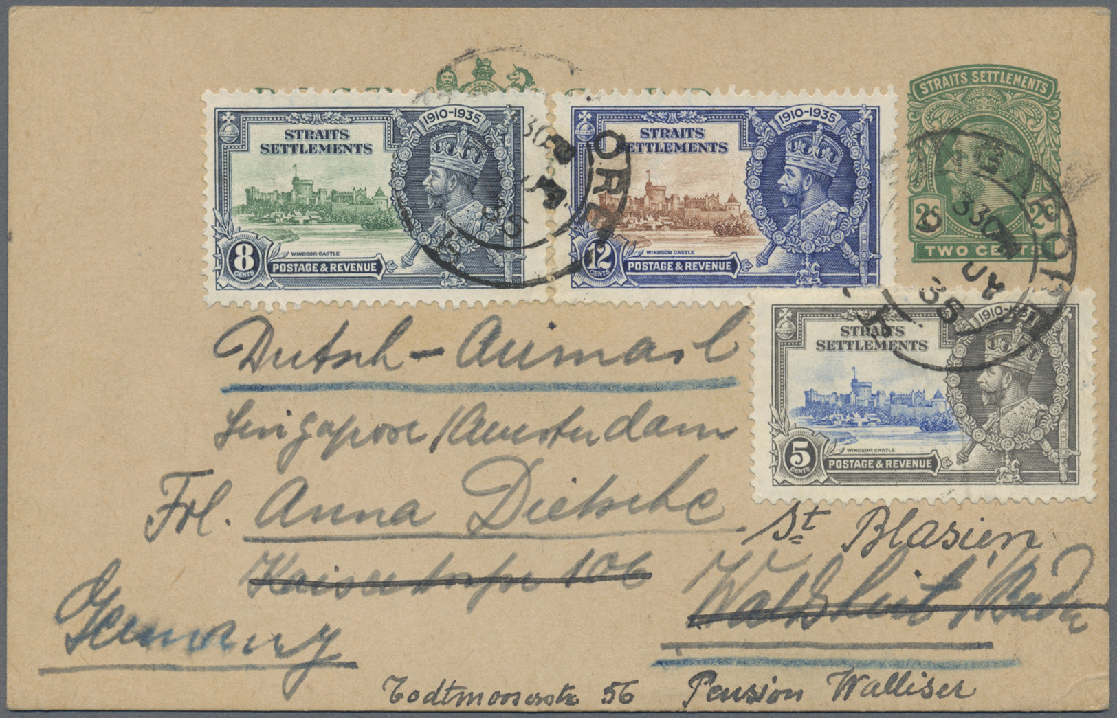 GA Malaiische Staaten - Straits Settlements: 1935, Silver Jubilee 5 C.-12 C. Complete On Postal Stationery Card 2 C., Us - Straits Settlements