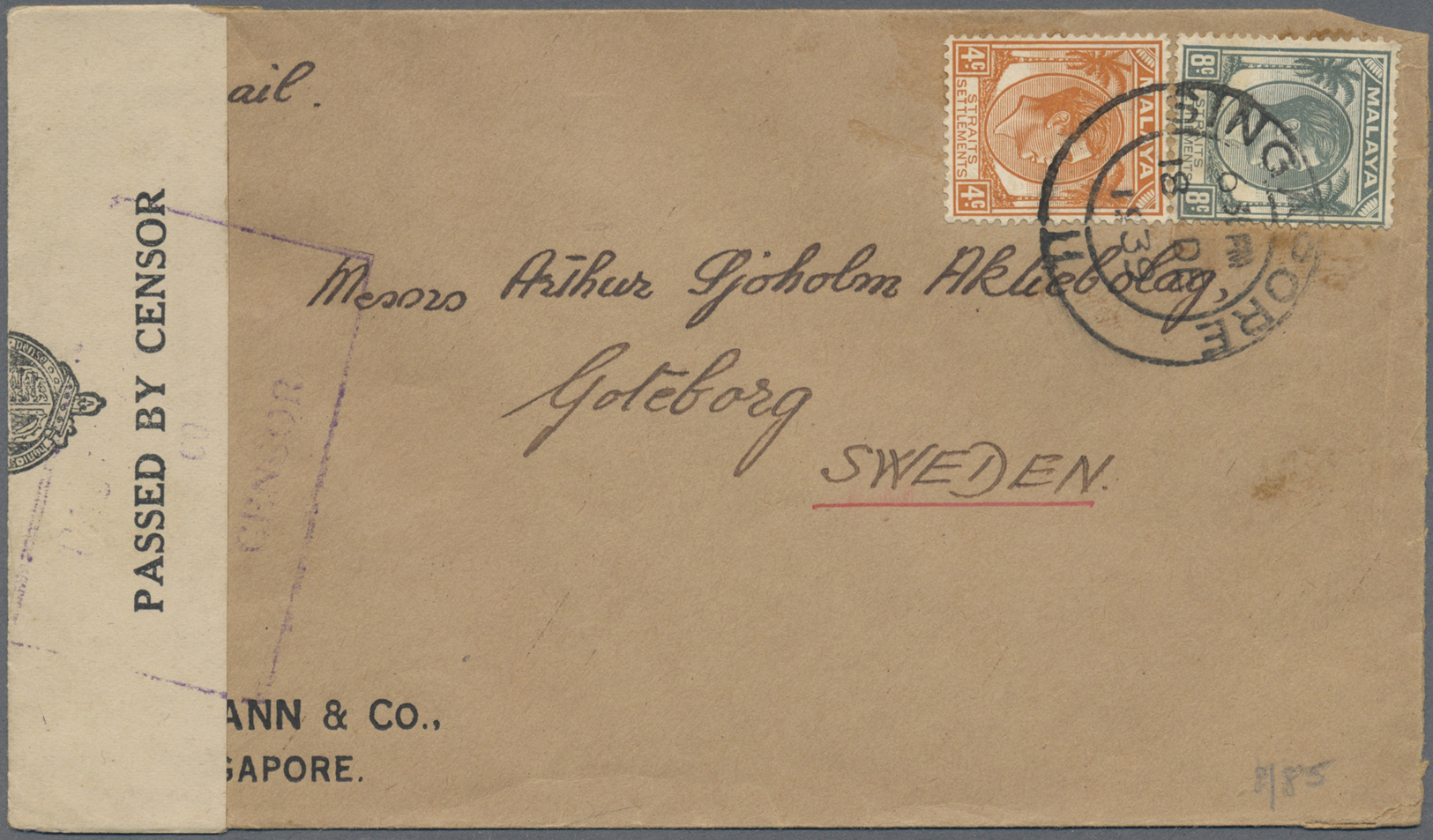 Br Malaiische Staaten - Straits Settlements: 1937, KGVI 4 C And 8 C On Envelope Sent From "SINGAPORE 18 DE 1939" To Göte - Straits Settlements