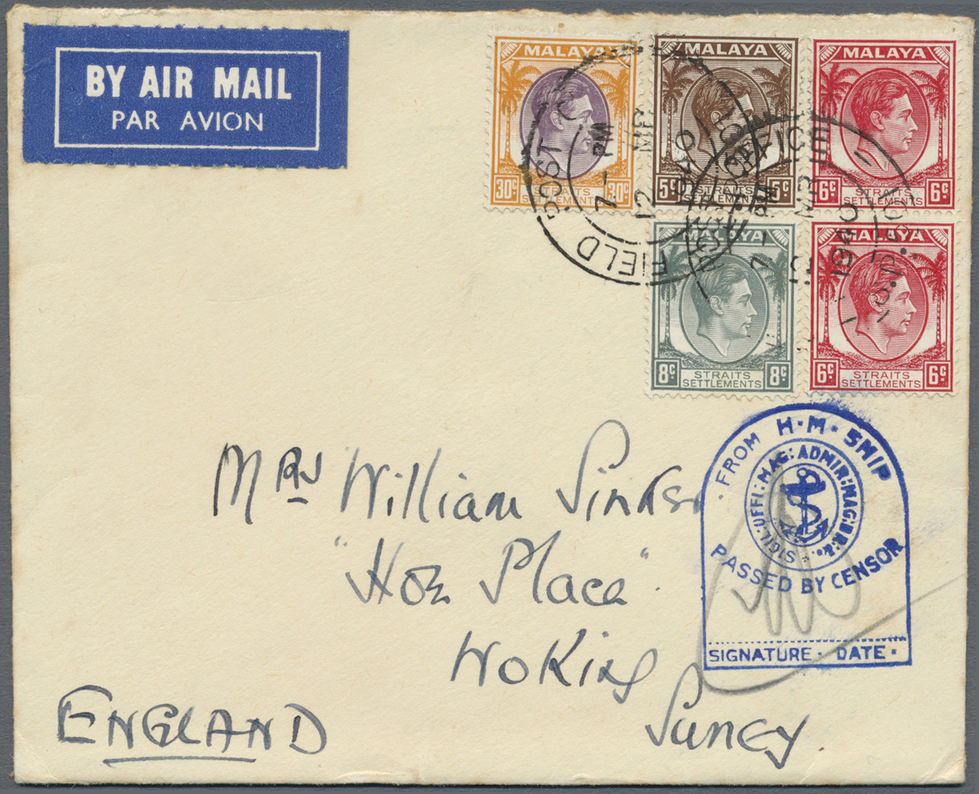 Br Malaiische Staaten - Straits Settlements: 1940. Air Mail Envelope Addressed To England Bearing Straits Settlements SG - Straits Settlements