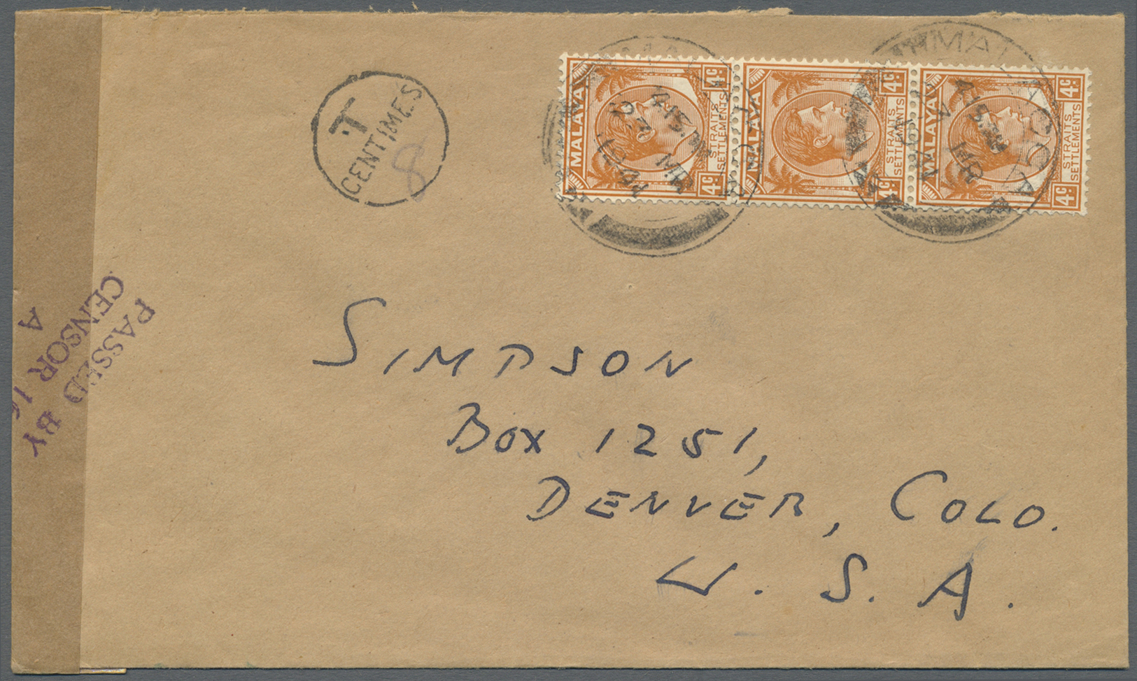 Br Malaiische Staaten - Straits Settlements: 1941: Malacca 1941 Censored Cover To The USA Bearing Straits KGVI Vertical - Straits Settlements