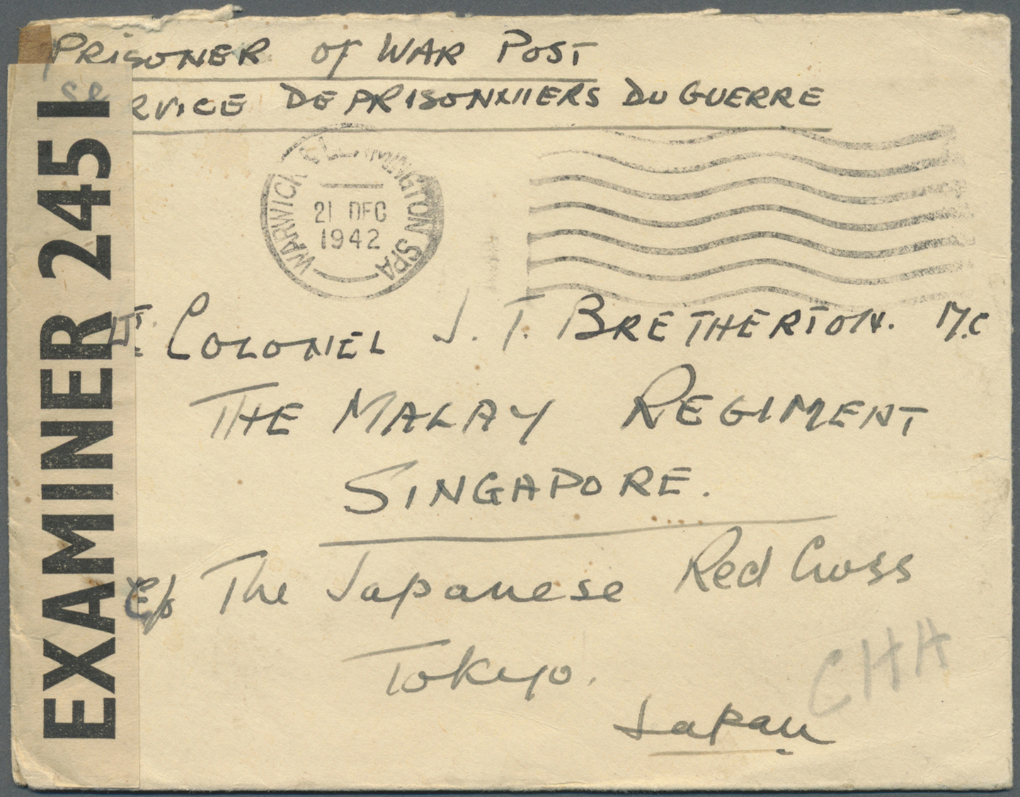 Br Malaiische Staaten - Straits Settlements: 1942. Censored Envelope Headed 'Prisoner Of War Post/Service De Prisonniers - Straits Settlements