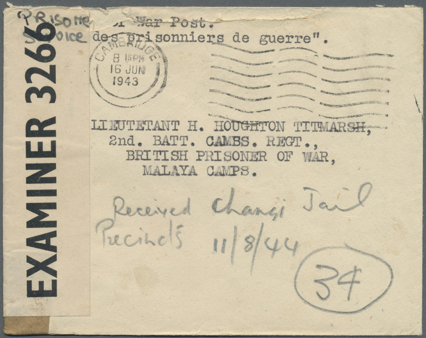 Br Malaiische Staaten - Straits Settlements: 1943. Censored Envelope Headed 'Prisoner Of War Post/Service Des Prisoniers - Straits Settlements