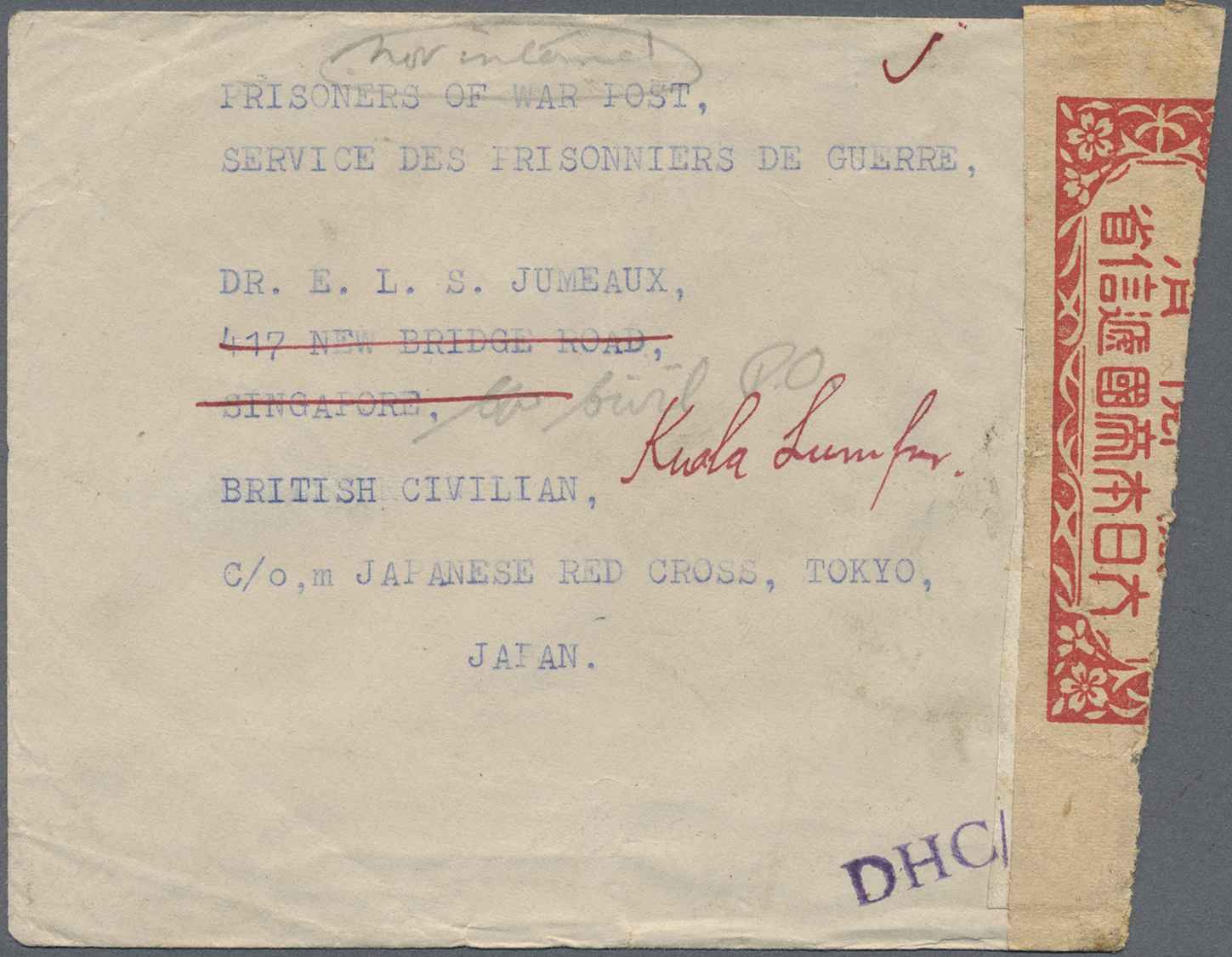 Br Malaiische Staaten - Straits Settlements: 1944. Stampless Envelope Headed &lsquo;Prisoners Of War Post, Service Des P - Straits Settlements