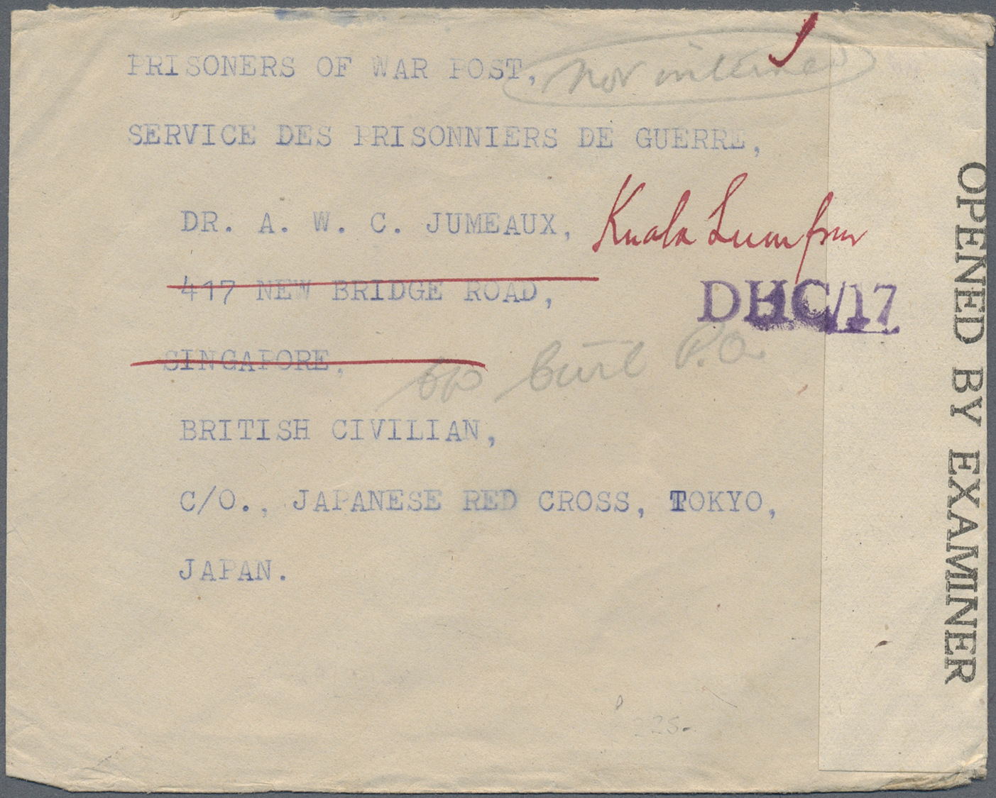 Br Malaiische Staaten - Straits Settlements: 1944. Stampless Envelope Headed &lsquo;Prisoners Of War Post, Service Des P - Straits Settlements