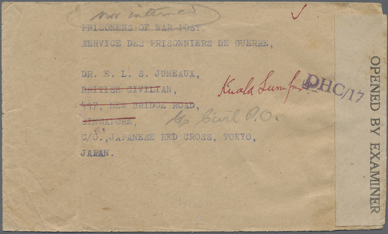 Br Malaiische Staaten - Straits Settlements: 1944. Stampless Envelope (bend) Headed &lsquo;Prisoners Of War Post, Servic - Straits Settlements