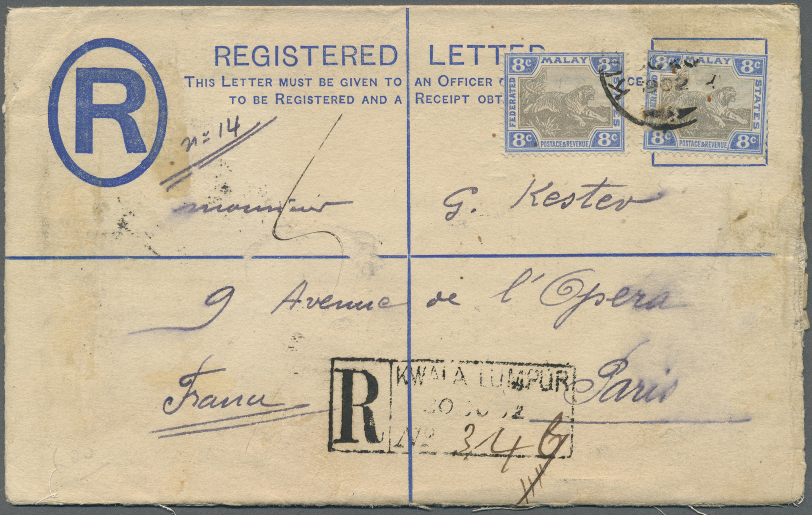 GA Malaiischer Staatenbund: 1902. Registered Postal Stationery Envelope (opened For Display) 5c Blue Upgraded With SG 16 - Federated Malay States