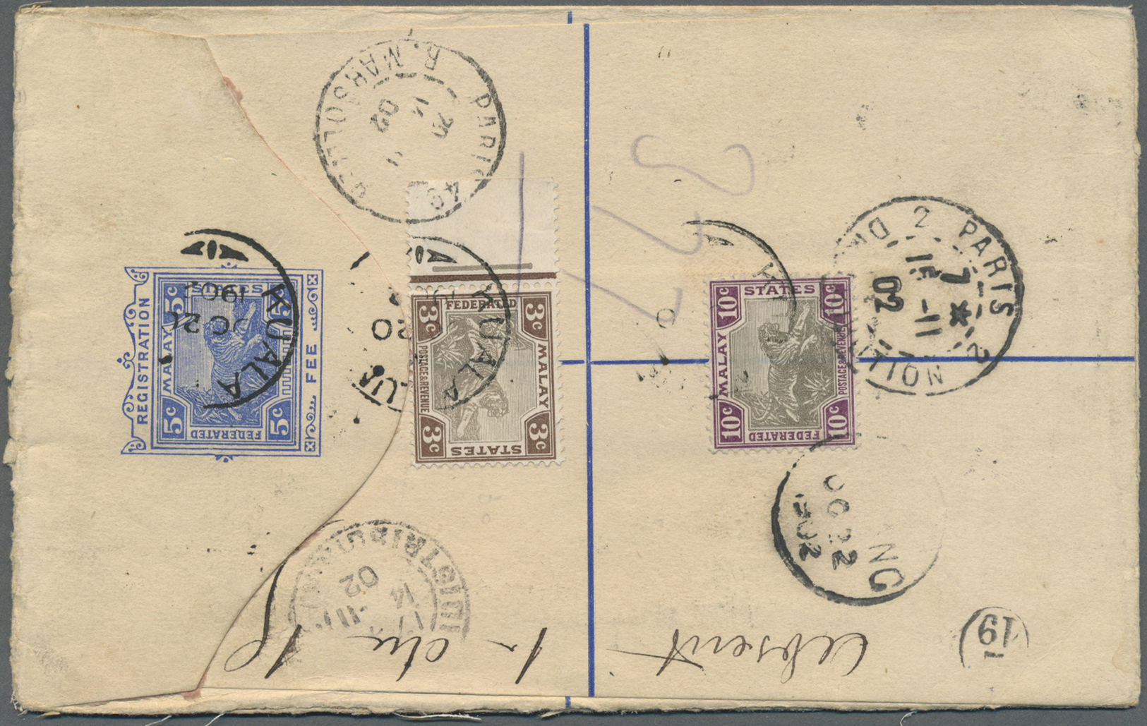 GA Malaiischer Staatenbund: 1902. Registered Postal Stationery Envelope (opened For Display) 5c Blue Upgraded With SG 16 - Federated Malay States