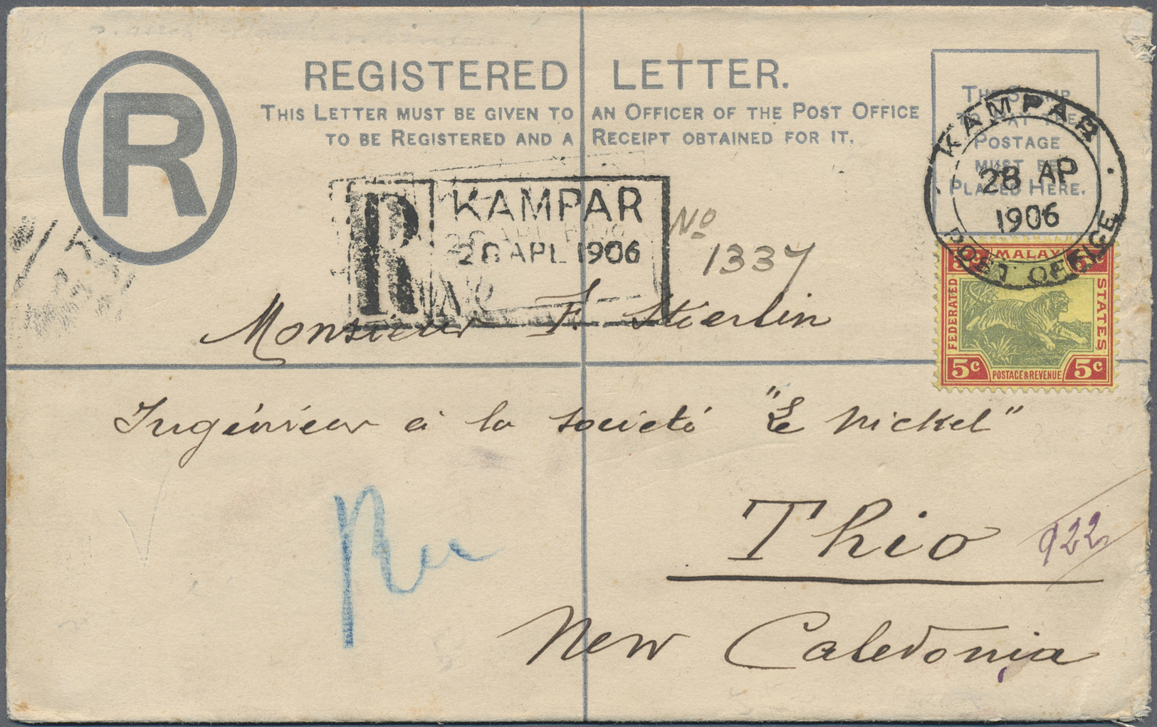 GA Malaiischer Staatenbund: 1906. Registered Federated Malaya States Postat Stationery Envelope 5c Blue Upgraded With SG - Federated Malay States