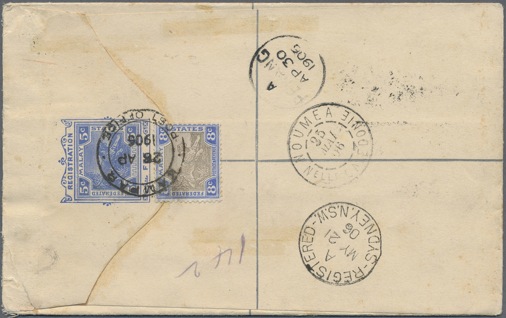 GA Malaiischer Staatenbund: 1906. Registered Federated Malaya States Postat Stationery Envelope 5c Blue Upgraded With SG - Federated Malay States