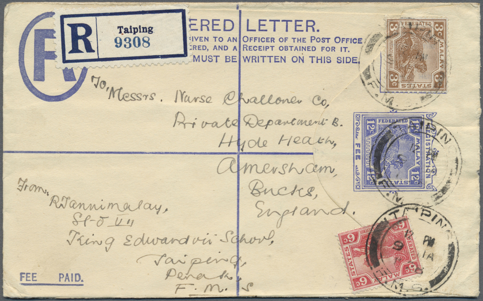 GA Malaiischer Staatenbund: 1926. Registered Envelope 12c Blue Upgraded With SG 58, 3c Brown And SG 64, 6c Scarlet Tied - Federated Malay States