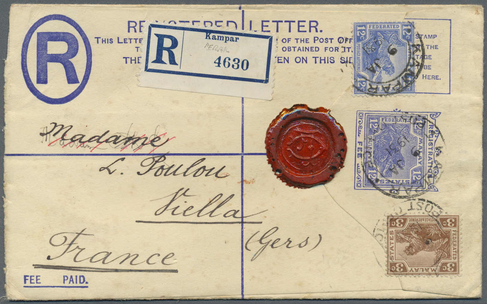 GA Malaiischer Staatenbund: 1931. Registered Postal Stationery Envelope 12c Blue Upgraded With SG 58, 3c Brown And SG 68 - Federated Malay States