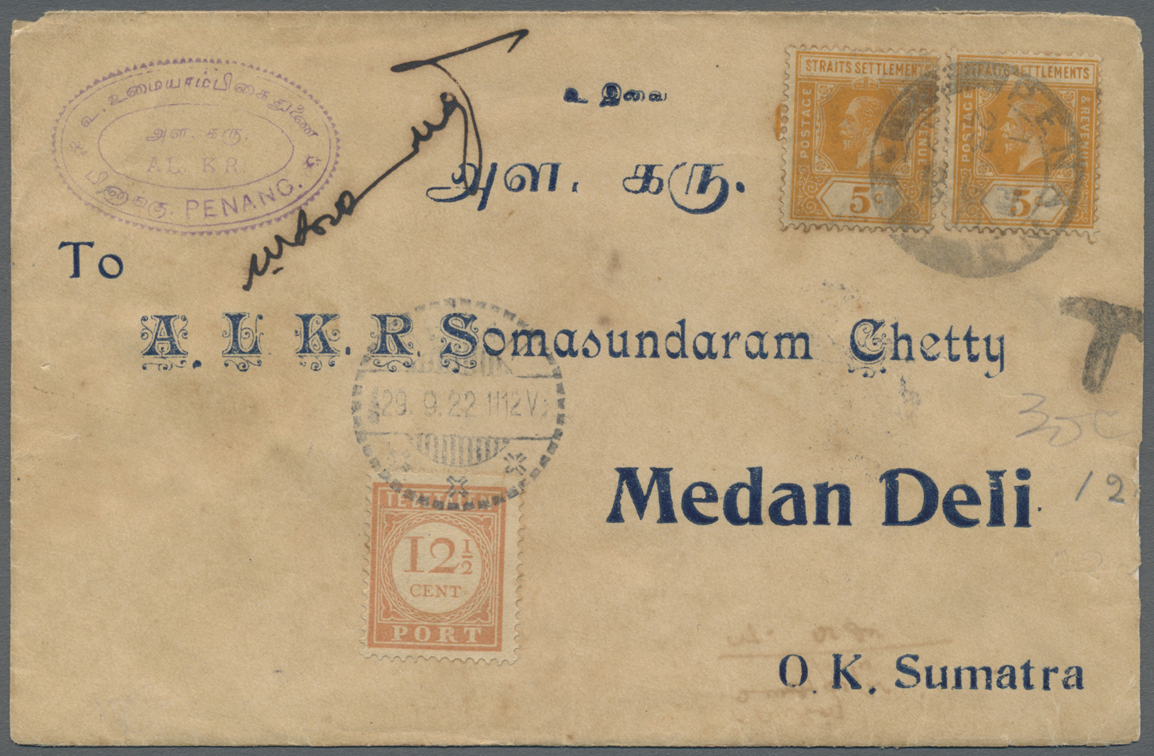 Br Malaiischer Staatenbund - Portomarken: 1922-1937: Selection Of 4 Taxed Covers (3 Outwards, 1 Inwards), 1922, Penang T - Federated Malay States