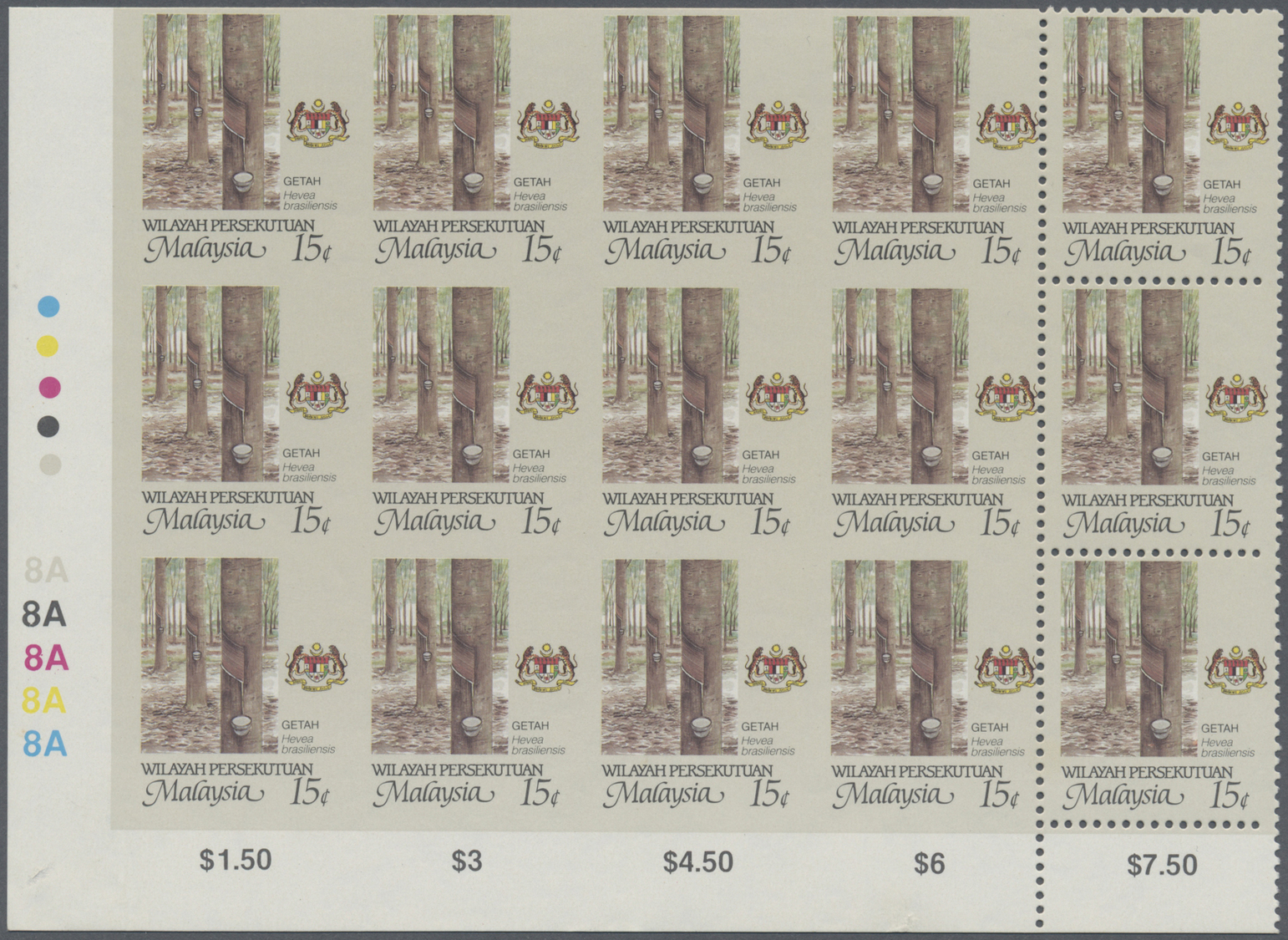 ** Malaiische Staaten - Bundesterritorien: 1986, 15 C Rubber Tree (Hevea Brasiliensis), Block Of 15 Stamps From Lower Le - Federation Of Malaya