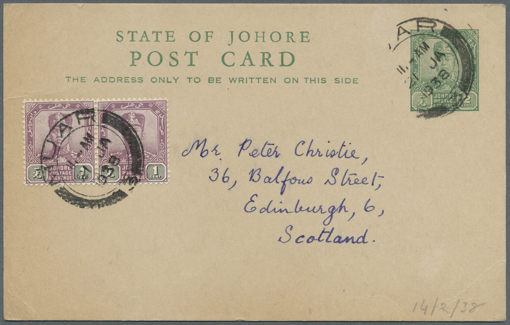 GA Malaiische Staaten - Johor: 1938. Johore Postal Stationery Card 2c Green Upgraded With SG 103, 1c Purple And Black (p - Johore