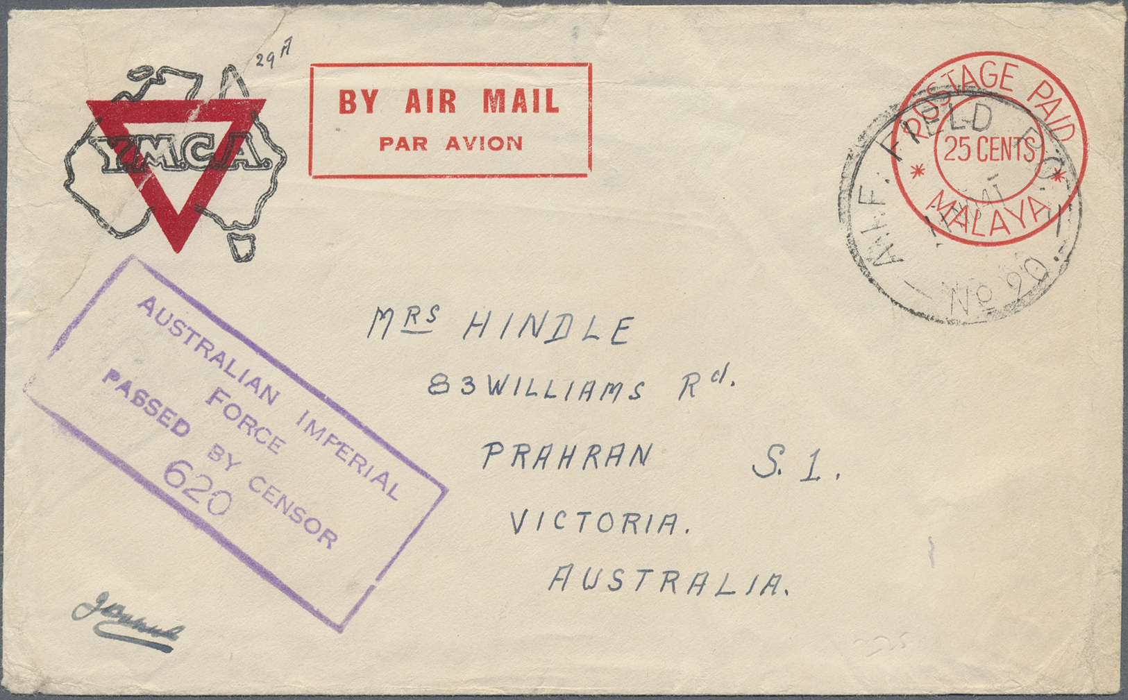 Br Malaiische Staaten - Johor: 1941. Air Mail Envelope (faults/tear) Addressed To Australia Headed 'YMCA/Australia' With - Johore