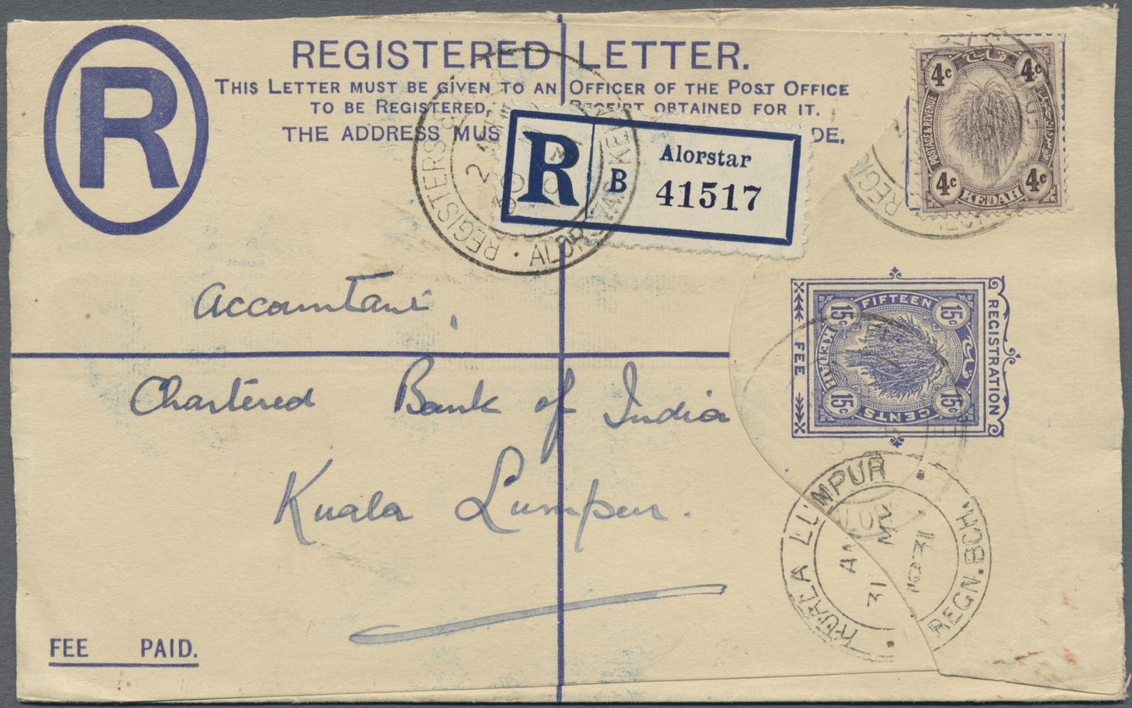 GA Malaiische Staaten - Kedah: 1931. Registered Postal Stationery Envelope 15c Blue Upgraded With SG 54, 4c Violet Tied - Kedah