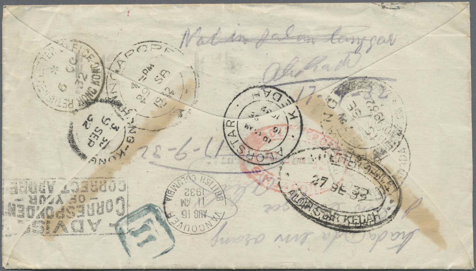 Br Malaiische Staaten - Kedah: 1932. Envelope Written From Vancouver Addressed To Alor Star, Kedah Bearing Canada SG 315 - Kedah