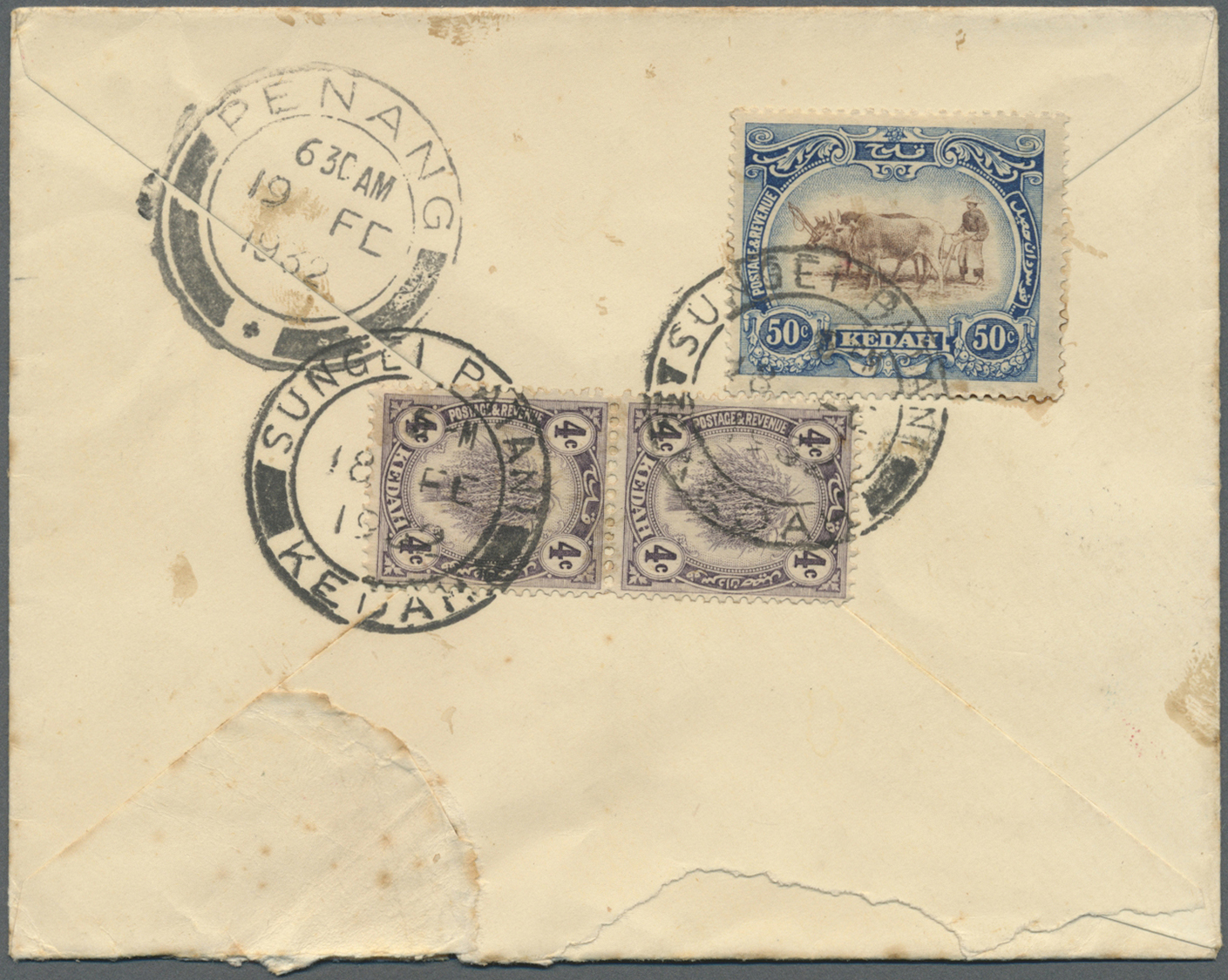 Br Malaiische Staaten - Kedah: 1932. Air Mail Envelope Addressed To England Bearing SG 36, 50c Brown And Blue And SG 54, - Kedah