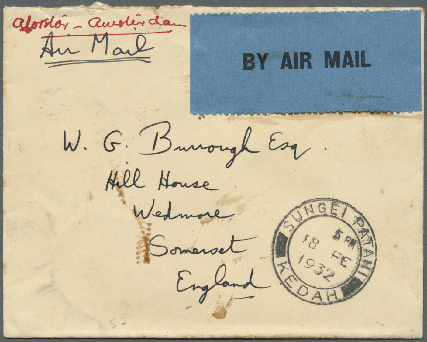 Br Malaiische Staaten - Kedah: 1932. Air Mail Envelope Addressed To England Bearing SG 36, 50c Brown And Blue And SG 54, - Kedah