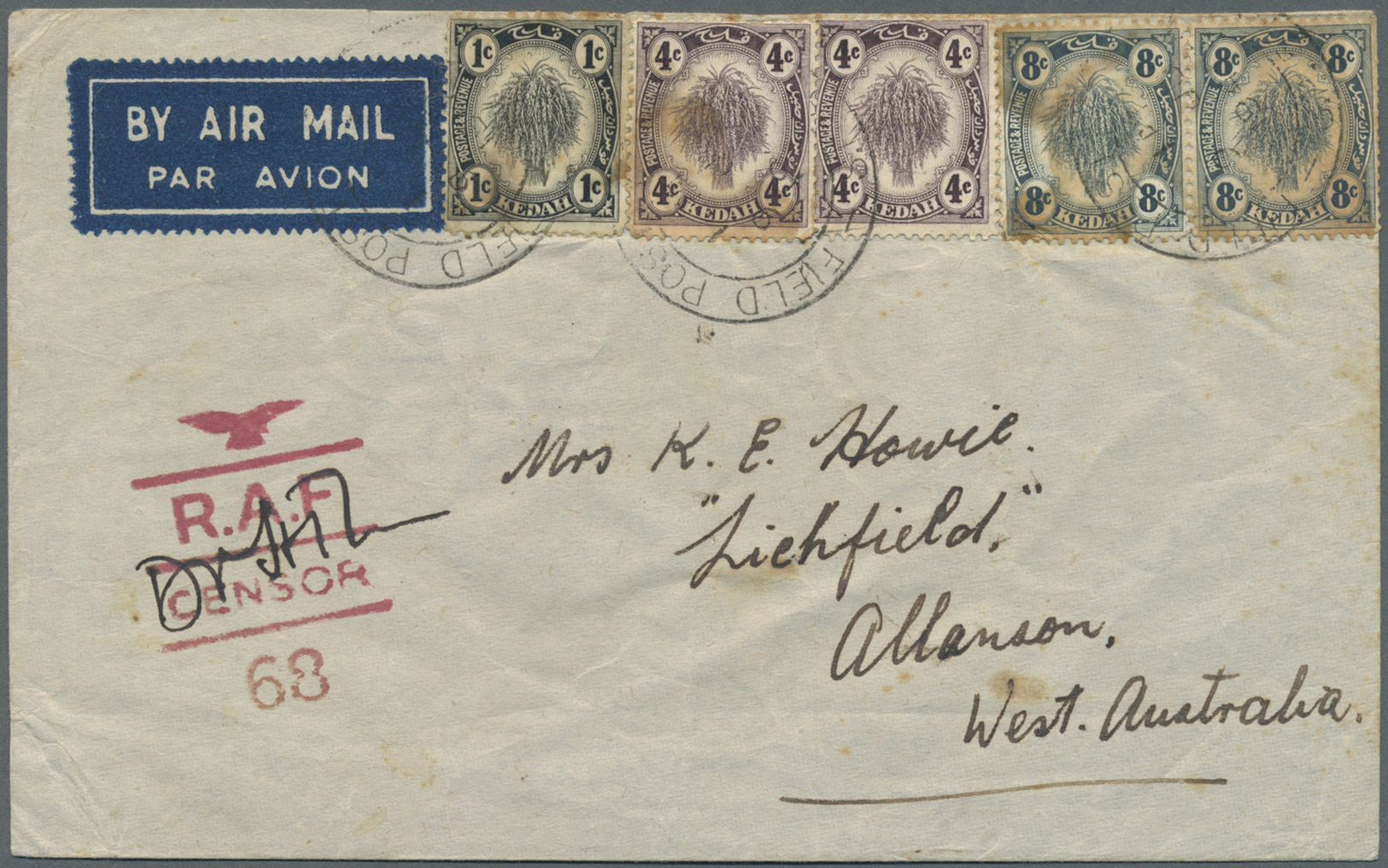 Br Malaiische Staaten - Kedah: 1941. Air Mail Envelope (faults/stains) Addressed To Australia Bearing Kedah SG 52, 1c Bl - Kedah