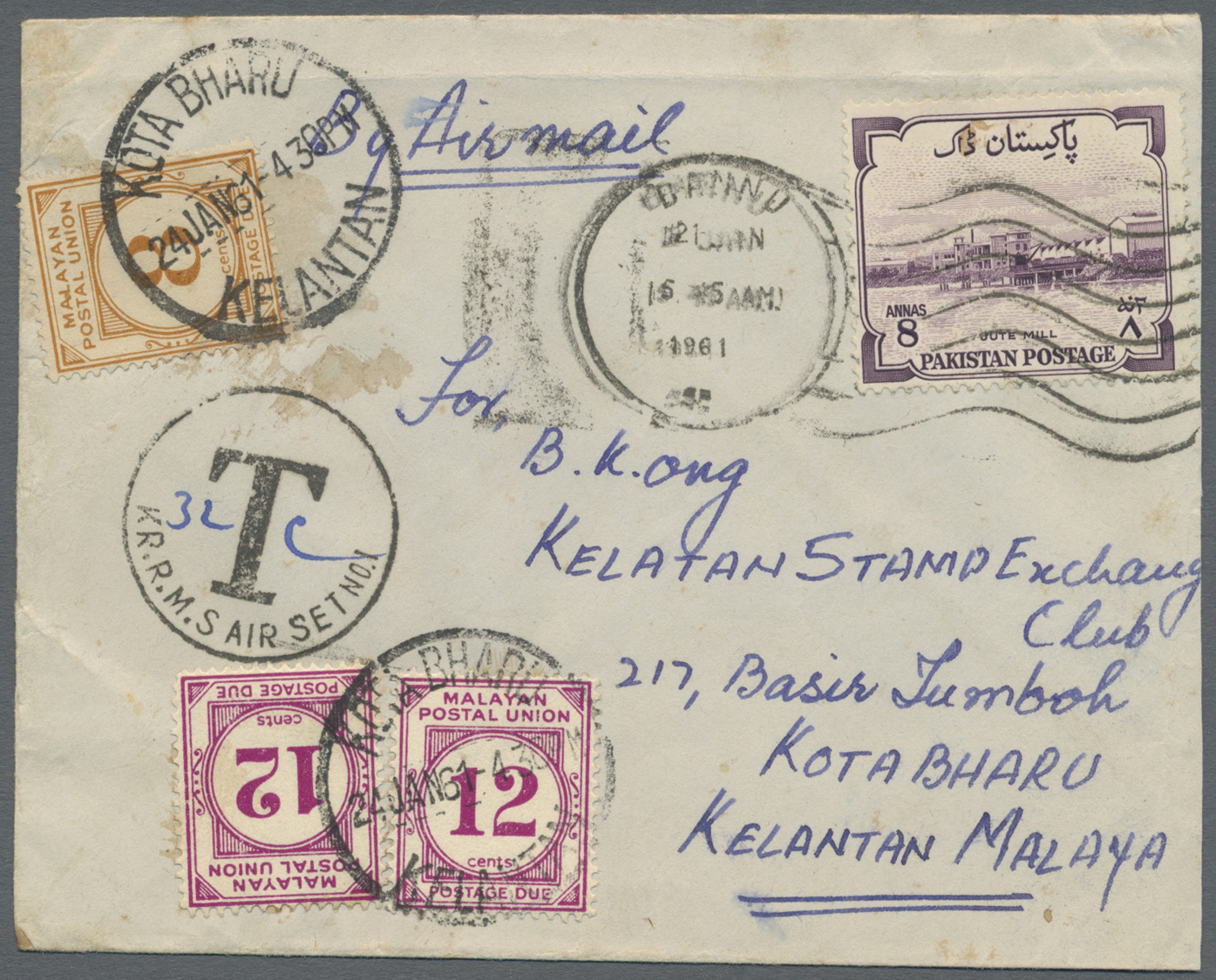 Br Malaiische Staaten - Kelantan: 1961: Kelantan 1961 Envelope From Pakistan To Kota Bharu, Under Franked At 8A And Show - Kelantan