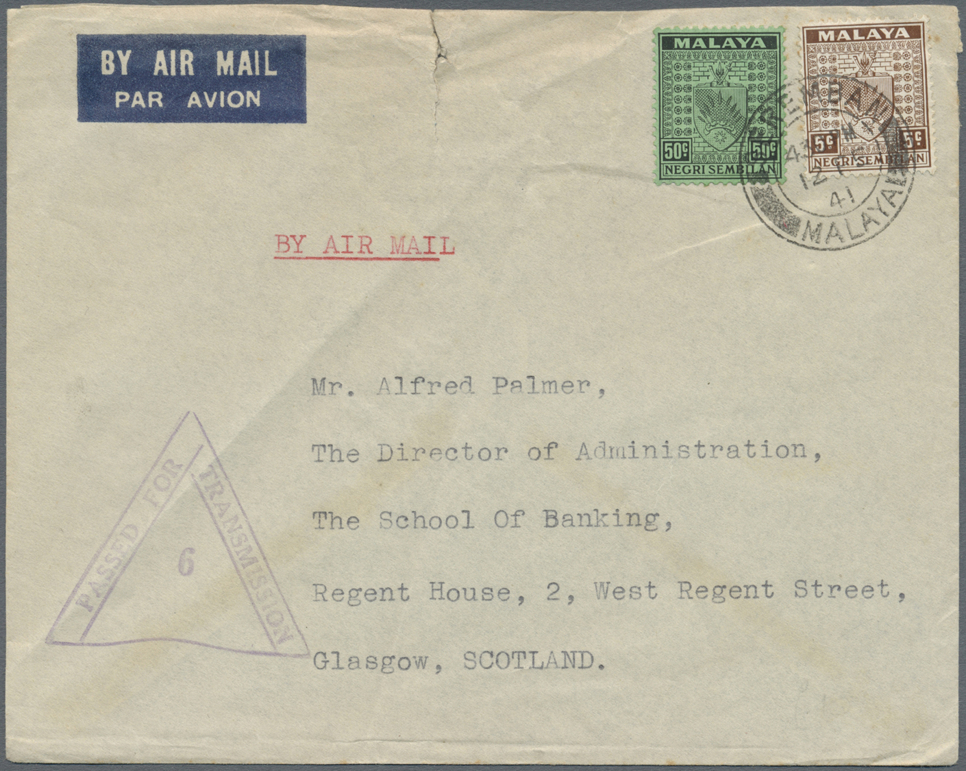 Br Malaiische Staaten - Negri Sembilan: 1941, 5c. Brown And 50c. Black/emerald On Commercial Airmail Cover From "SEREMBA - Negri Sembilan
